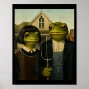 Frog With Bob Haircut Aamerican Gothic Gen Z Farm Poster