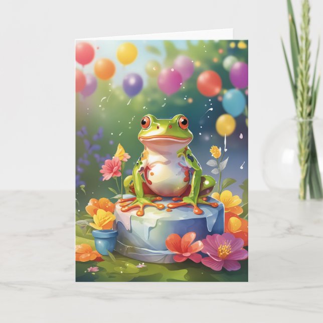 Frog with cake and balloons card (Front)