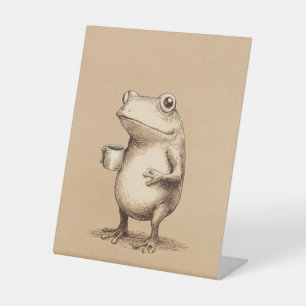 Frog with Coffee – Whimsical Vintage Animal Pedestal Sign