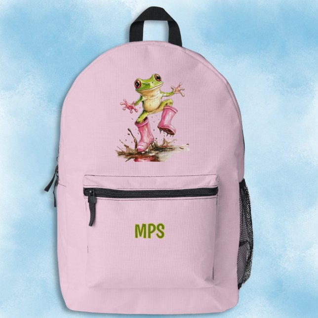 Frog with Cute Pink Boots in Puddle Monogram  Printed Backpack (Creator Uploaded)