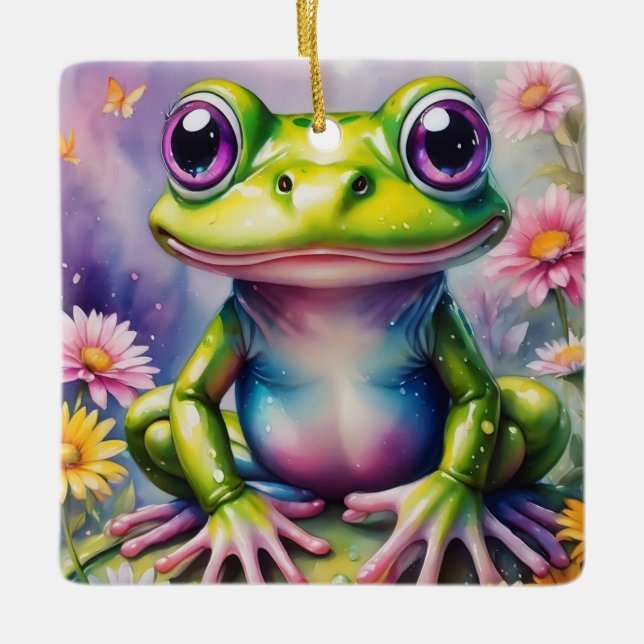Frog With Flower Digital Art Ceramic Ornament (Front)