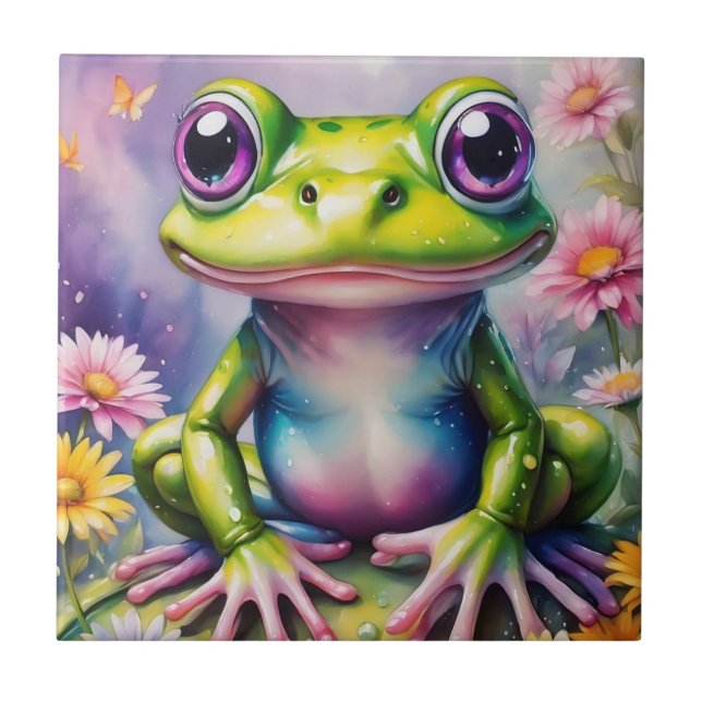 Frog With Flower Digital Art Ceramic Tile (Front)