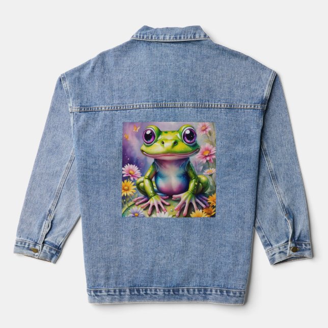 Frog With Flower Digital Art Denim Jacket (Back)