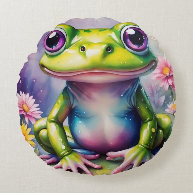 Frog With Flower Digital Art Round Cushion (Front)