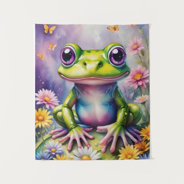 Frog With Flower Digital Art Tapestry (Front)