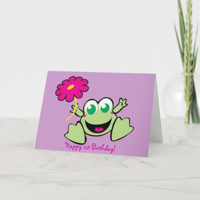 Frog With Flower, Happy 1st Birthday! Card (Front)
