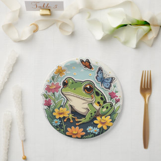 Frog with Flowers and Butterflies Paper Plate