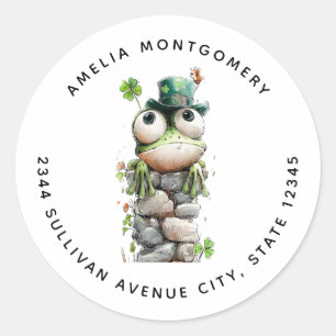 Frog with Green Hat and Shamrock Cute - Address Classic Round Sticker
