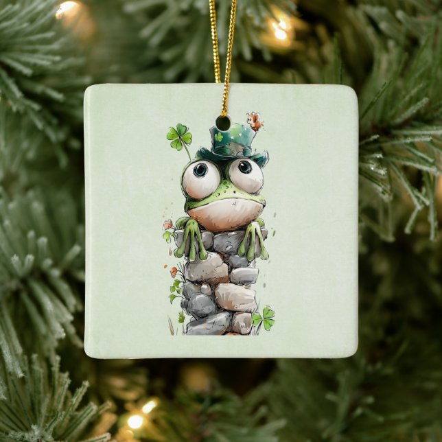 Frog with Green Hat and Shamrock Cute Ceramic Ornament (Tree)