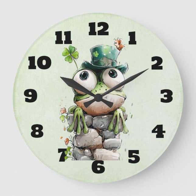 Frog with Green Hat and Shamrock Cute Large Clock (Front)