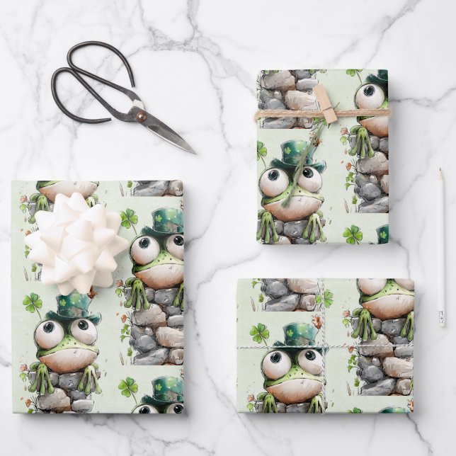 Frog with Green Hat and Shamrock Cute Pattern Wrapping Paper Sheet (Front)