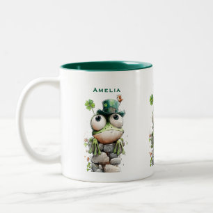 Frog with Green Hat and Shamrock Cute Two-Tone Coffee Mug