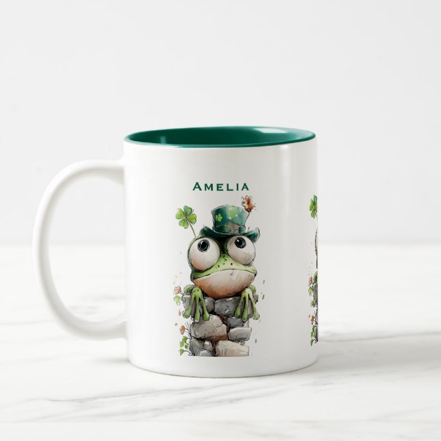 Frog with Green Hat and Shamrock Cute Two-Tone Coffee Mug (Left)