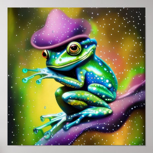 Frog with hat in the rain poster