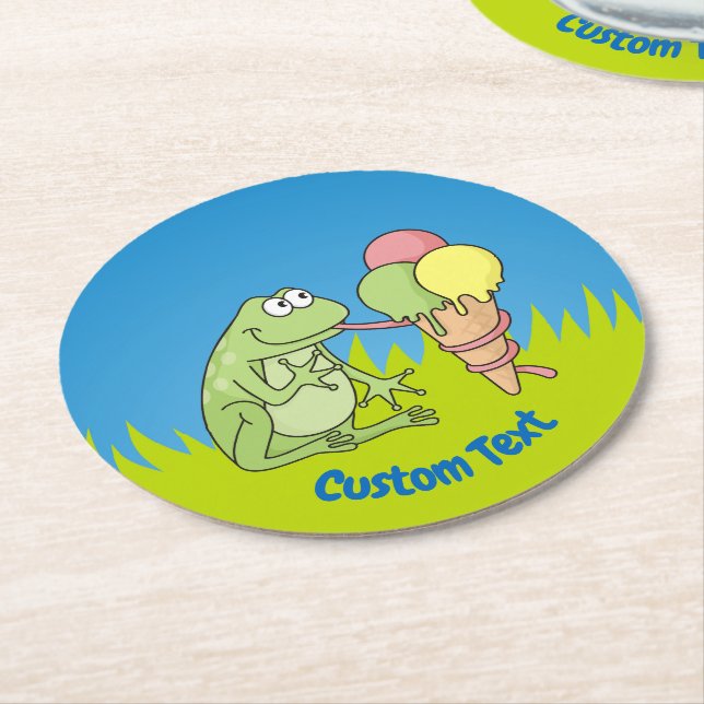 Frog with Icecream Round Paper Coaster (Angled)