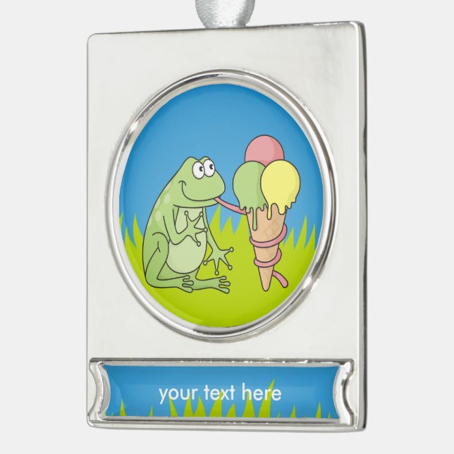 Frog with Icecream Silver Plated Banner Ornament (Left)