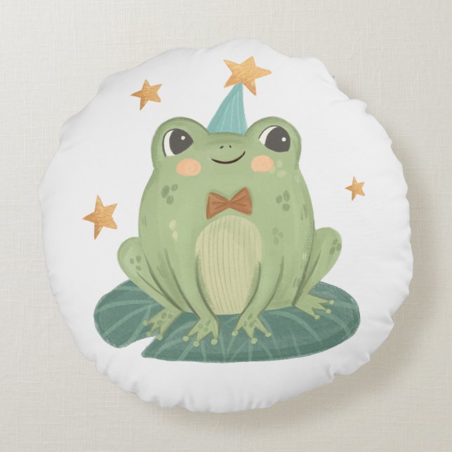 Frog With Mushroom Hat Baby room Round Pillow (Back)