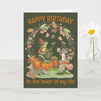 Frog with mushroom hat singing Happy Birthday Card