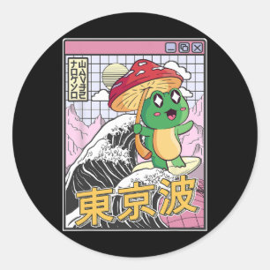 Frog With Mushroom Surfing Japanese Wave Kawaii Co Classic Round Sticker