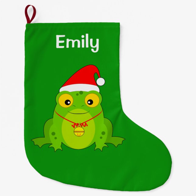 Frog with Santa Hat and Bell Large Christmas Stocking (Front)