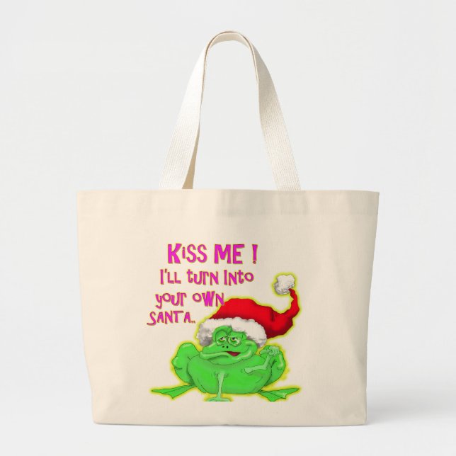 Frog with Santa hat Funny saying Large Tote Bag (Front)