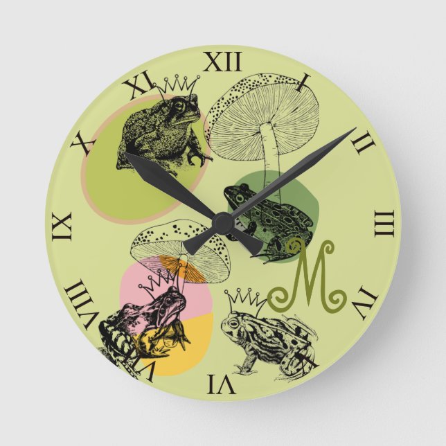 Frogcore and Mushrooms Lover Aesthetic Monogram Round Clock (Front)