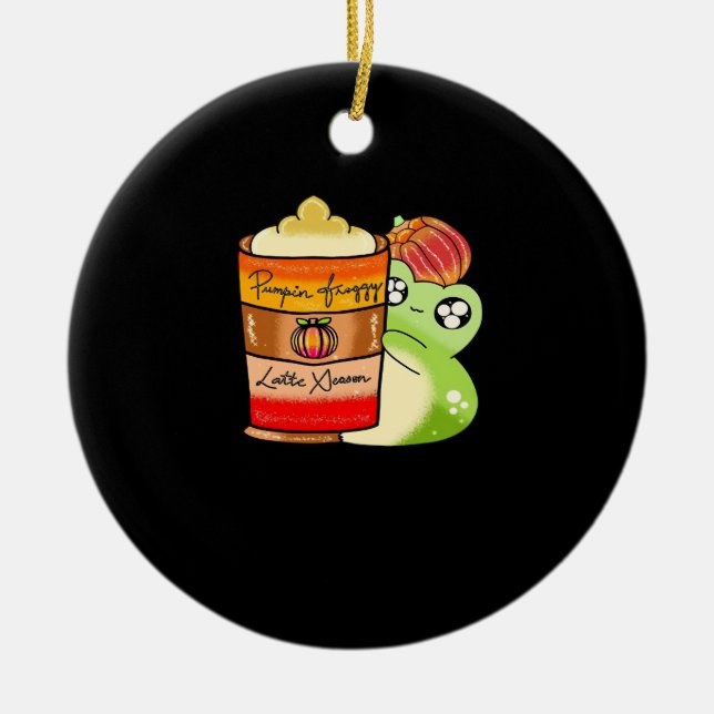 Frogg Drinking Spicy Pumpkin Latte Ceramic Ornament (Front)