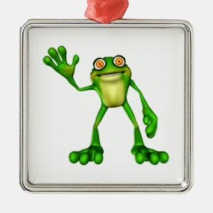 Froggie the Cute Cartoon Waving Frog Metal Ornament