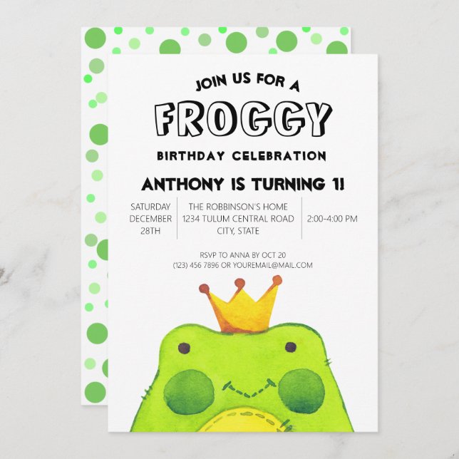 Froggy birthday boy prince First party cute green  Invitation (Front/Back)