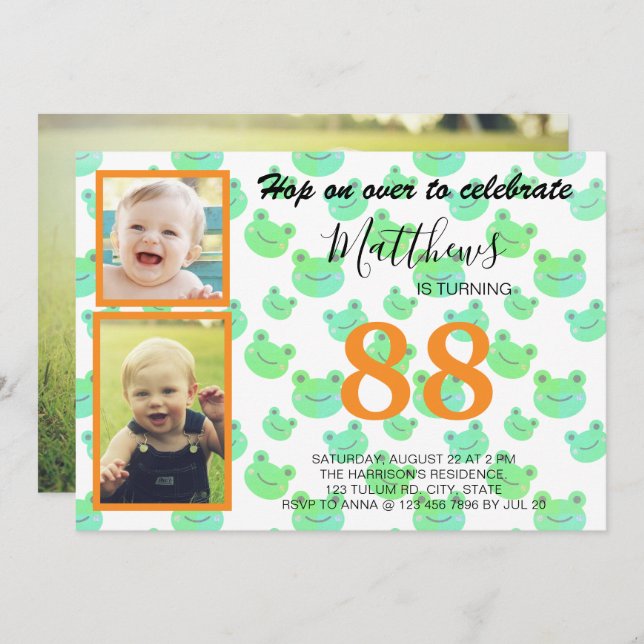 Froggy Birthday party Three custom photos template (Front/Back)