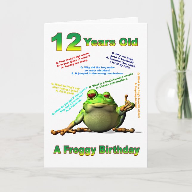 Froggy friend 12th birthday card with froggy jokes (Front)