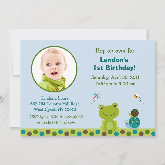 Froggy Frog Snail Boys Photo Birthday Invitation (Front)