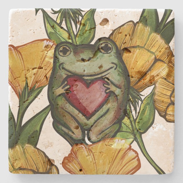 Froggy Lover Flower Pattern Frogs Love Heart       Stone Coaster (Front)