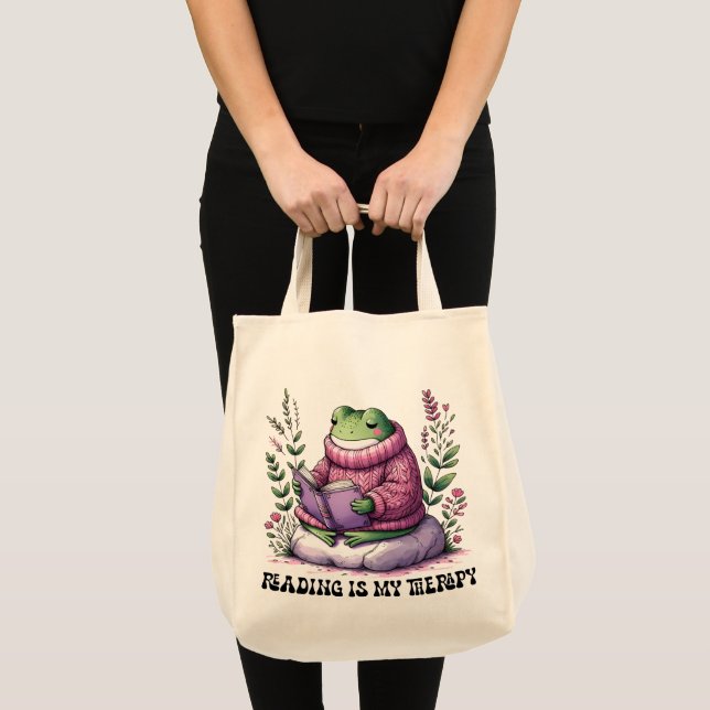 Froggy Reading Is My Therapy Tote Bag (Front (Product))