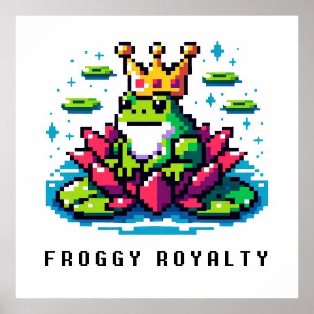 Froggy Royalty Cute Pixel Art Crowned Frog Design Poster (Front)