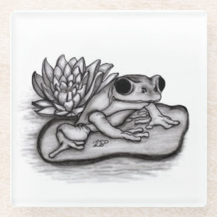 Froggy with Lotus Flower Glass Coaster