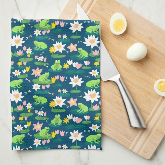 Frogs and Lily Pads Cute Custom Tea Towel (Quarter Fold)