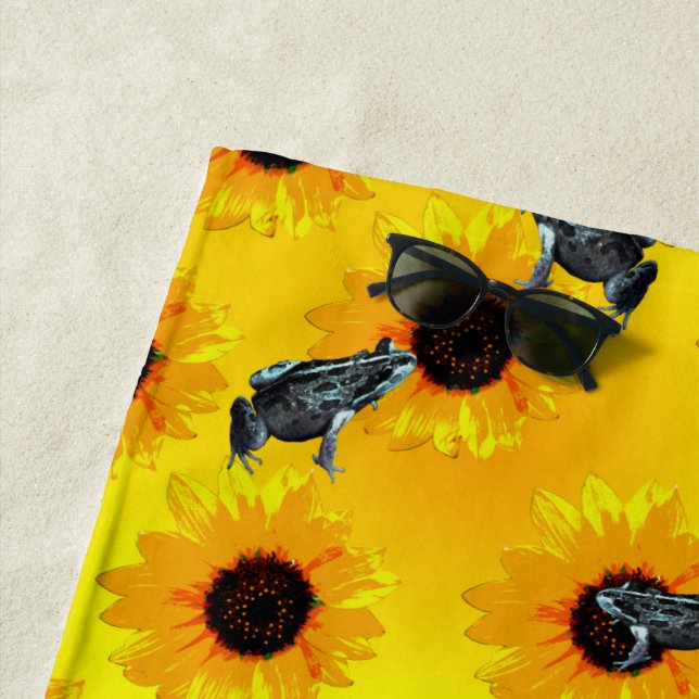 "Frogs and Sunflowers: A Playful Nature Pattern" Beach Towel (In Situ)
