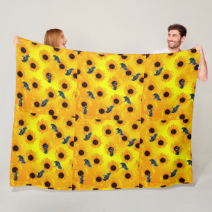 "Frogs and Sunflowers: A Playful Nature Pattern" Fleece Blanket