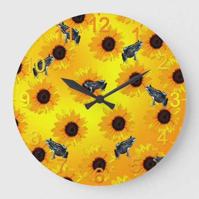 "Frogs and Sunflowers: A Playful Nature Pattern" Large Clock (Front)