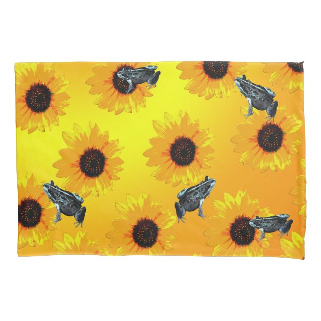 "Frogs and Sunflowers: A Playful Nature Pattern" Pillowcase (Front)
