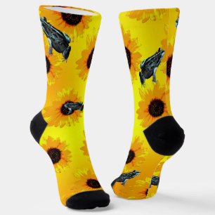 "Frogs and Sunflowers: A Playful Nature Pattern" Socks
