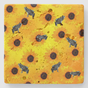 "Frogs and Sunflowers: A Playful Nature Pattern" Stone Coaster