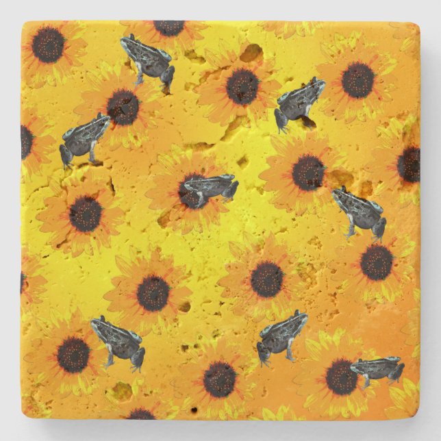 "Frogs and Sunflowers: A Playful Nature Pattern" Stone Coaster (Front)