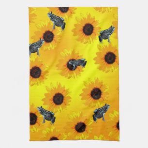 "Frogs and Sunflowers: A Playful Nature Pattern" Tea Towel