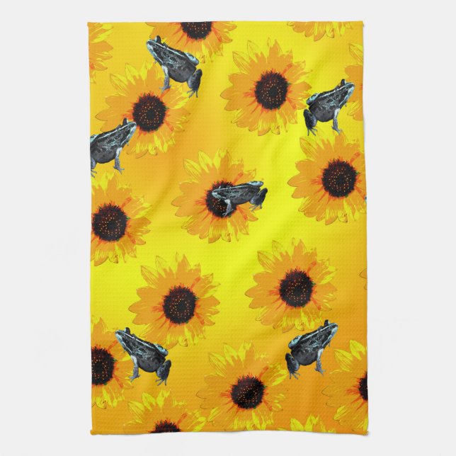 "Frogs and Sunflowers: A Playful Nature Pattern" Tea Towel (Vertical)