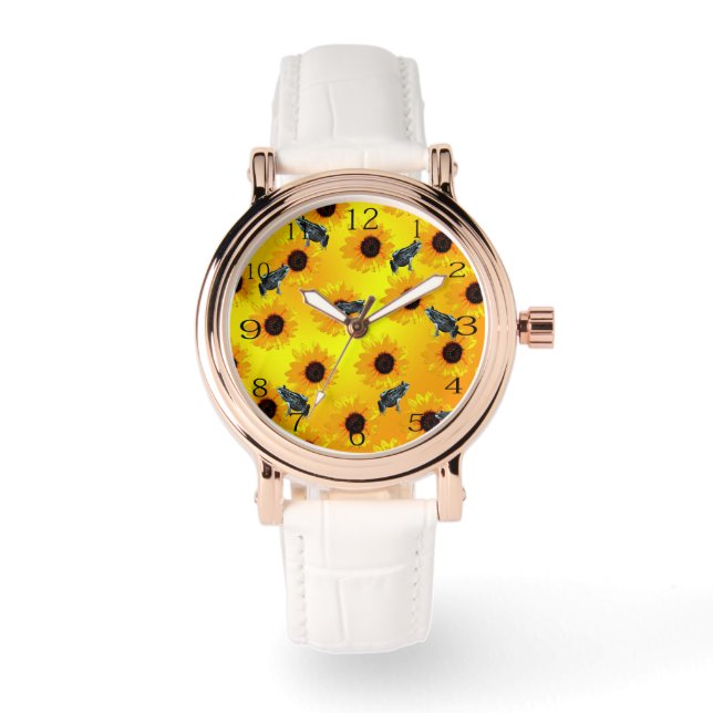 "Frogs and Sunflowers: A Playful Nature Pattern" Watch (Front)