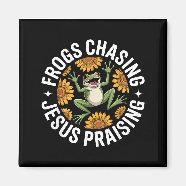 Frogs Chasing Jesus Praising Funny Frog Magnet (Front)