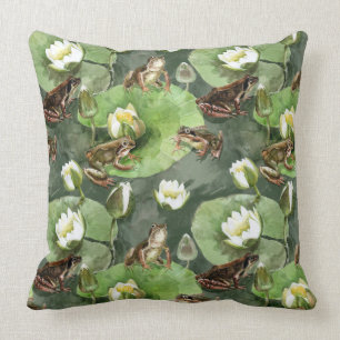Frogs green and white water lilies cushion