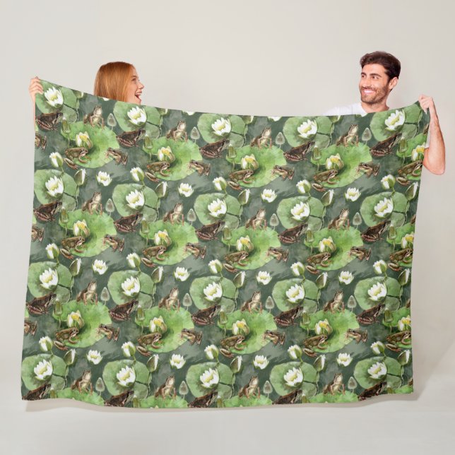 Frogs green and white water lilies fleece blanket (In Situ)